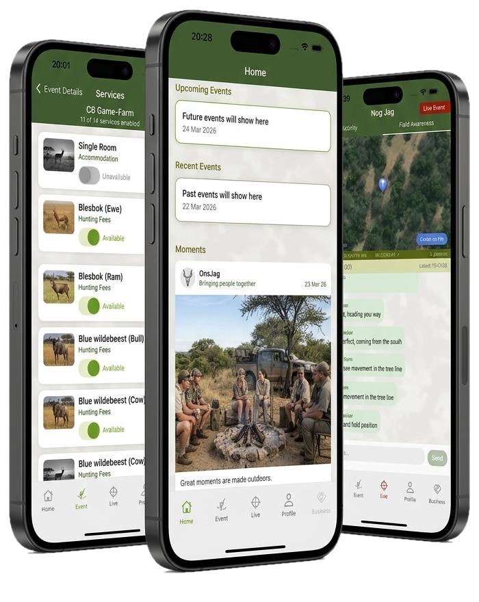 OnsJag app — Home feed, Event Detail, and Live Activity screens
