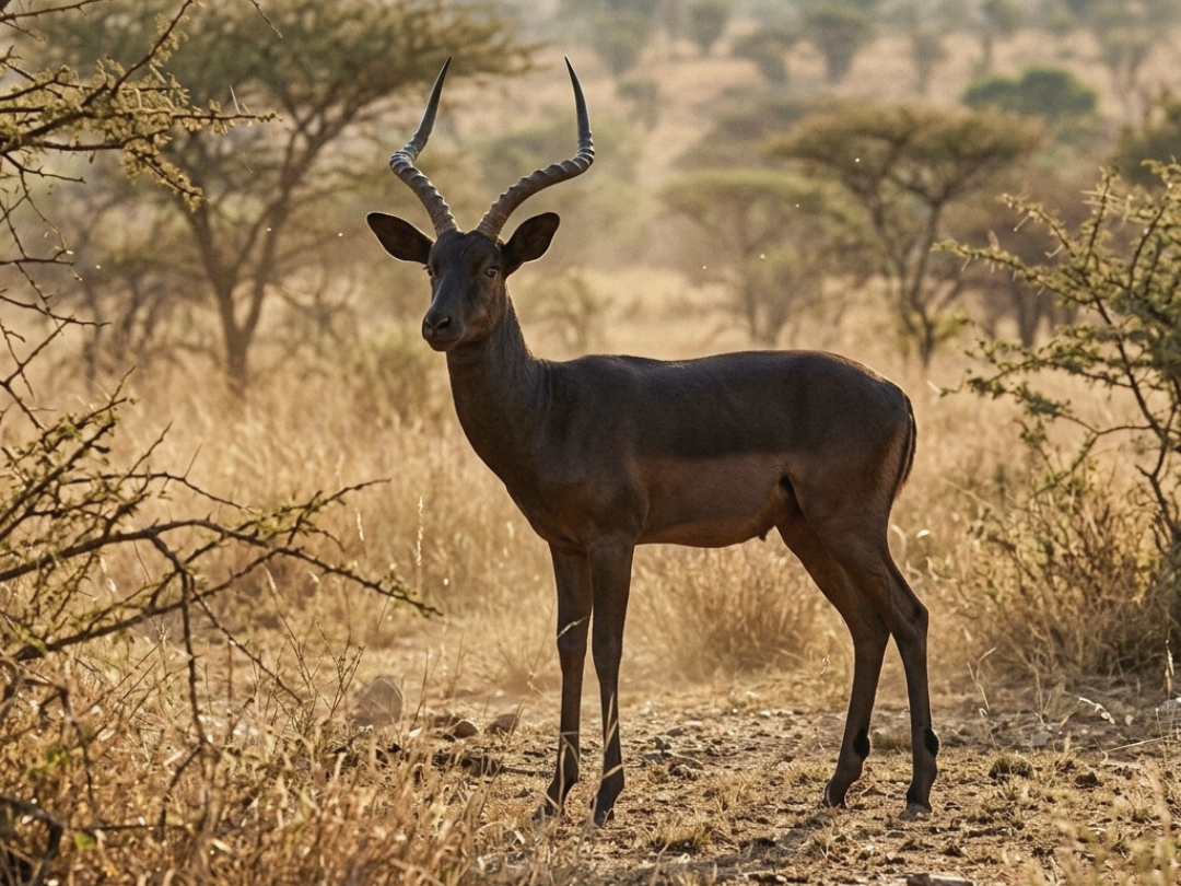 Black impala ram in a Southern African hunting species guide
