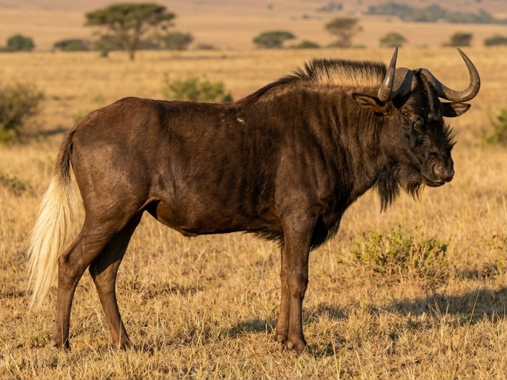 Black wildebeest bull in a Southern African hunting species guide