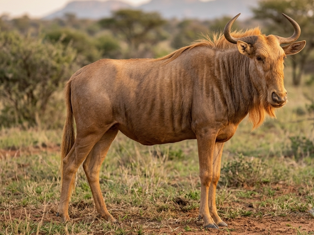 Golden wildebeest cow in a Southern African hunting species guide