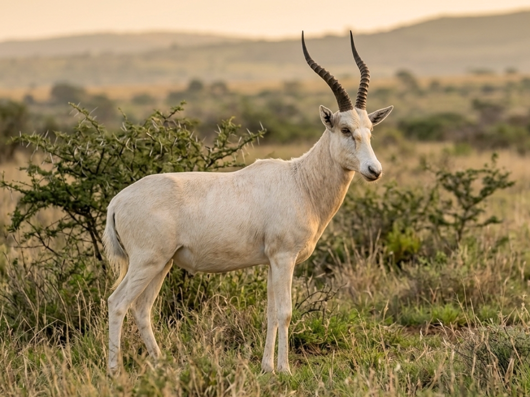 White blesbok ram in a Southern African hunting species guide
